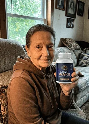 Margaret D. holding a bottle of MindWake